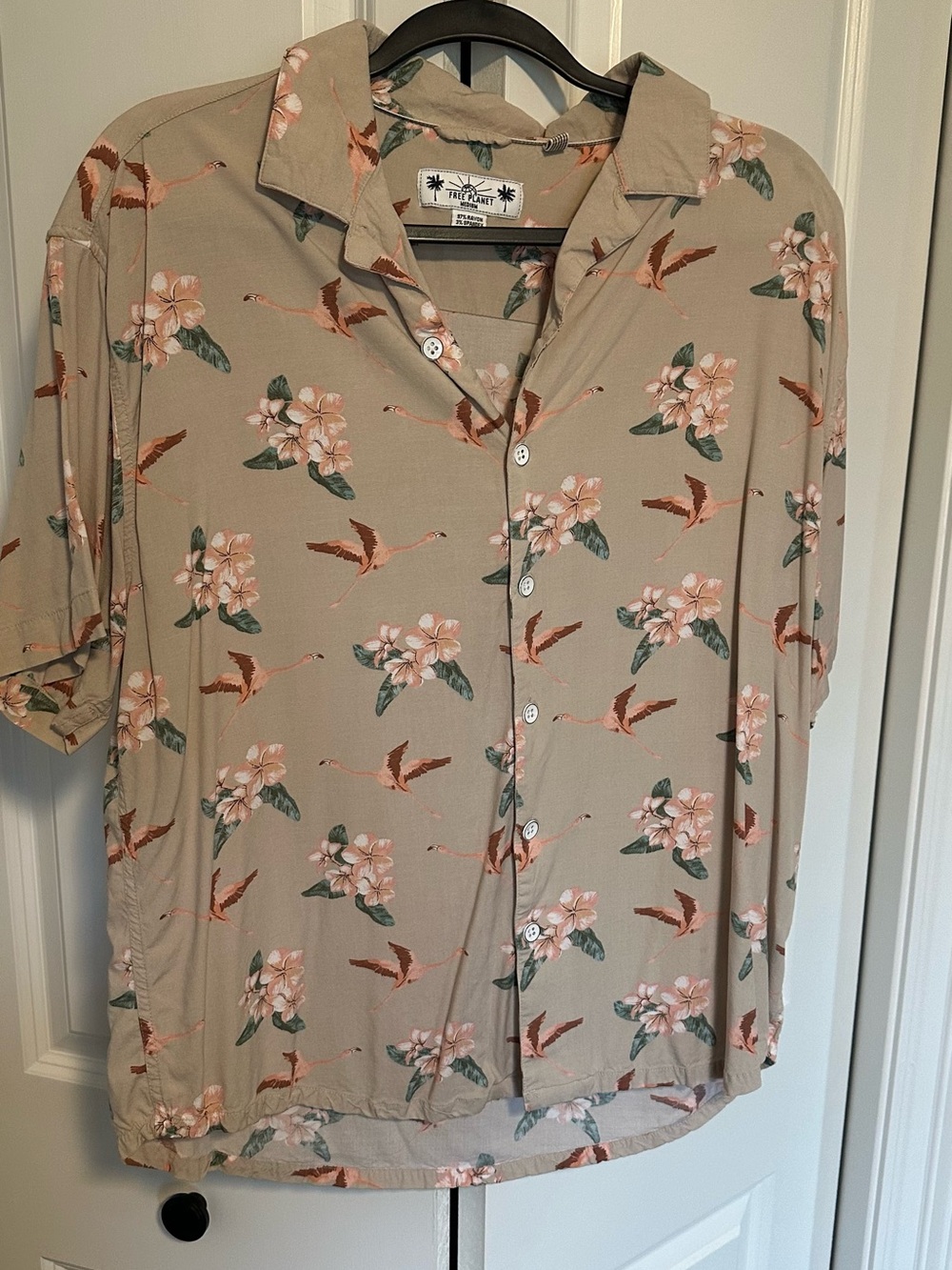 Free Planet Beige Button-Down Shirt with Pink and Green Floral Print